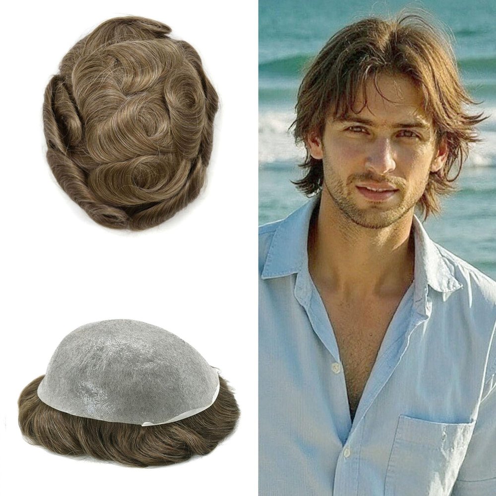 0.06mm Thin Skin Hairpieces for Men Toupee Hair Replacement Systems All V-loop Invisible Hairpiece for Mens Real Human Hair Systems #1840#18 Medium Blonde+40% Grey 8X10-100% Density