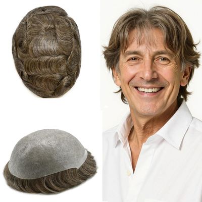 0.06mm Thin Skin Hairpieces for Men Toupee Hair Replacement Systems All V-loop Invisible Hairpiece for Mens Real Human Hair Systems #540#5 Medium Light Brown+40% Grey 7X9-90% Density