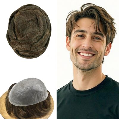 0.06mm Thin Skin Hairpieces for Men Toupee Hair Replacement Systems All V-loop Invisible Hairpiece for Mens Real Human Hair Systems #4 Medium Brown 8X10-80% Light Density