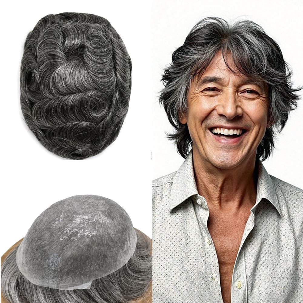 0.06mm Thin Skin Hairpieces for Men Toupee Hair Replacement Systems All V-loop Invisible Hairpiece for Mens Real Human Hair Systems #1B50#1B Off Black+50% Grey 6X8-80% Density