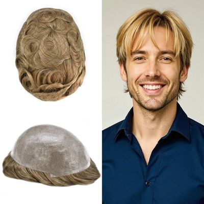 0.06mm Thin Skin Hairpieces for Men Toupee Hair Replacement Systems All V-loop Invisible Hairpiece for Mens Real Human Hair Systems #2010#20 Light Ash Blonde+10% Grey 8X10-90% Density