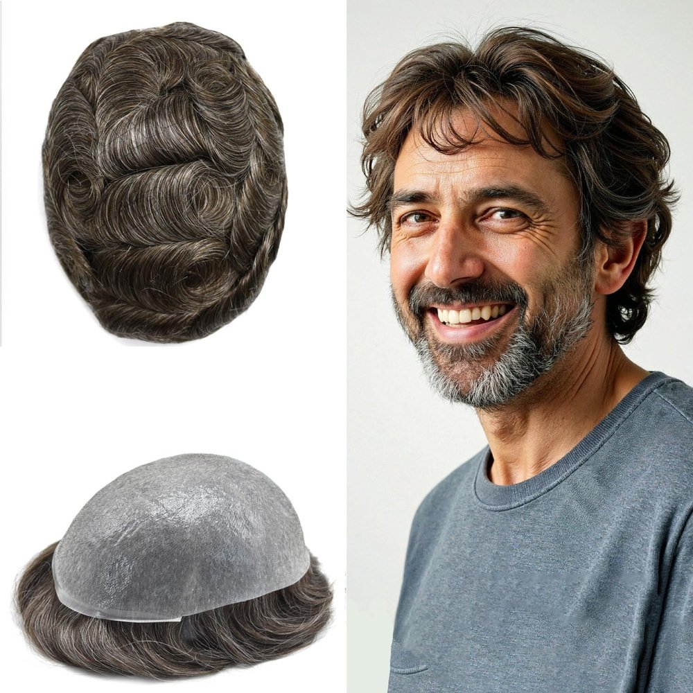 0.06mm Thin Skin Hairpieces for Men Toupee Hair Replacement Systems All V-loop Invisible Hairpiece for Mens Real Human Hair Systems #340#3 Dark Brown+40% Grey 8X10-80% Density