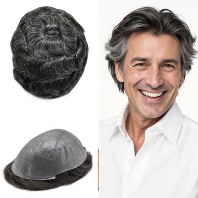 0.06mm Thin Skin Hairpieces for Men Toupee Hair Replacement Systems All V-loop Invisible Hairpiece for Mens Real Human Hair Systems #1B40#1B Off Black+40% Grey 7X9-90% Density