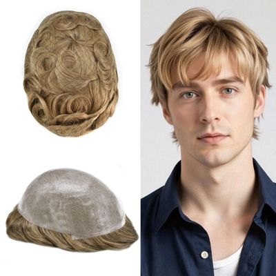 0.06mm Thin Skin Hairpieces for Men Toupee Hair Replacement Systems All V-loop Invisible Hairpiece for Mens Real Human Hair Systems #2020#20 Light Ash Blonde+20% Grey 8X10-90% Density