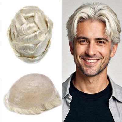 0.06mm Thin Skin Hairpieces for Men Toupee Hair Replacement Systems All V-loop Invisible Hairpiece for Mens Real Human Hair Systems #60RY All Grey 8X10-90% Light Density