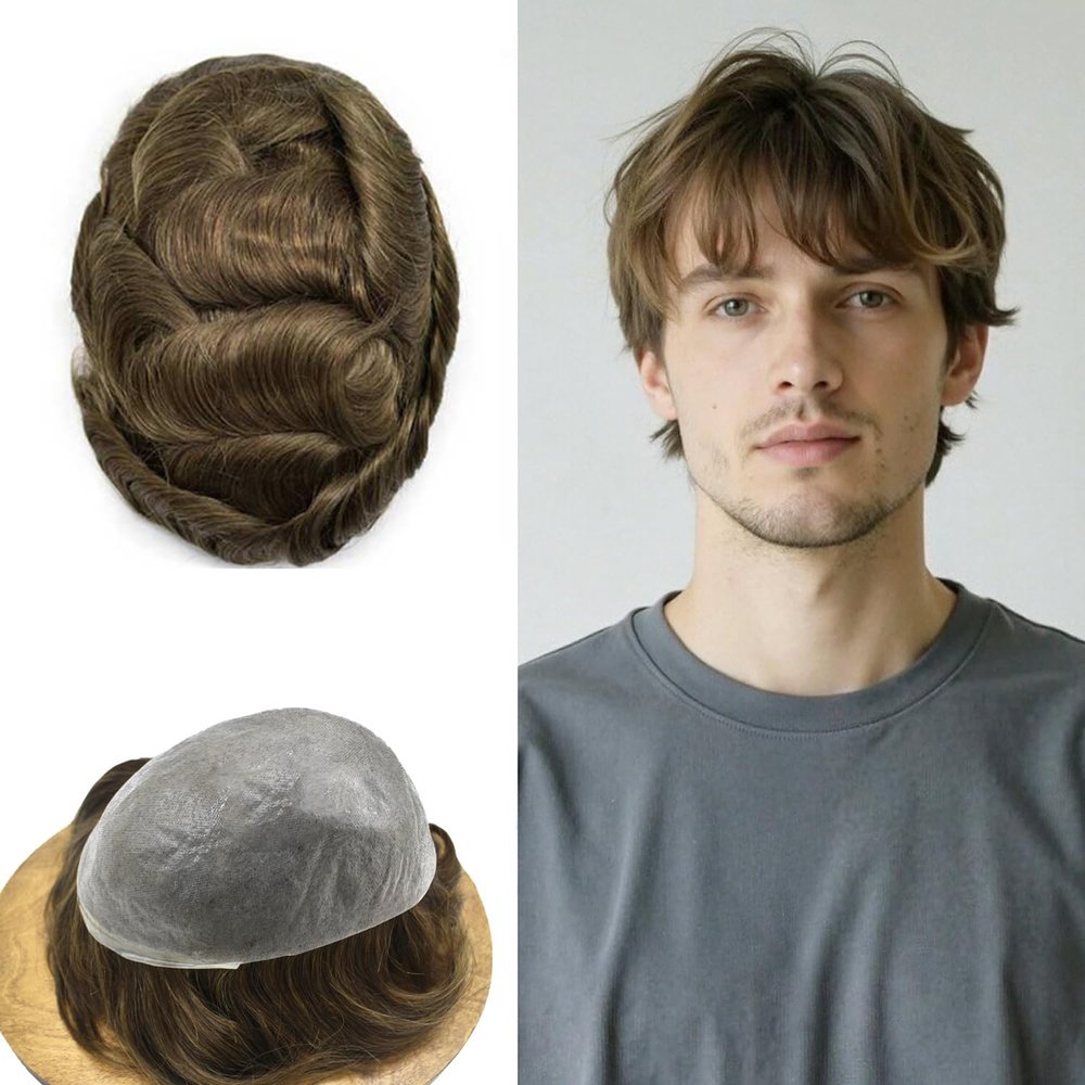 0.06mm Thin Skin Hairpieces for Men Toupee Hair Replacement Systems All V-loop Invisible Hairpiece for Mens Real Human Hair Systems #5 Medium Light Brown 8X10-120% Density
