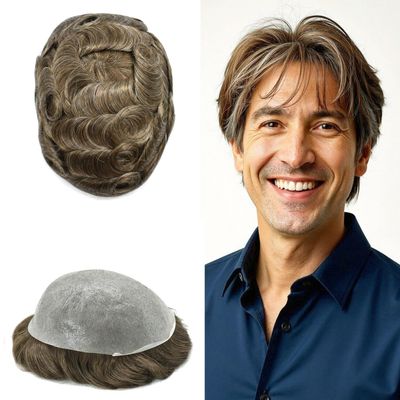 0.06mm Thin Skin Hairpieces for Men Toupee Hair Replacement Systems All V-loop Invisible Hairpiece for Mens Real Human Hair Systems #620#6 Light Brown+20% Grey 8X10-90% Density