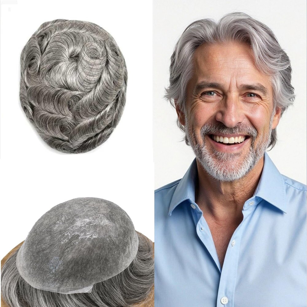 0.06mm Thin Skin Hairpieces for Men Toupee Hair Replacement Systems All V-loop Invisible Hairpiece for Mens Real Human Hair Systems #1B80#1B Off Black+80% Grey 8X10-100% Density