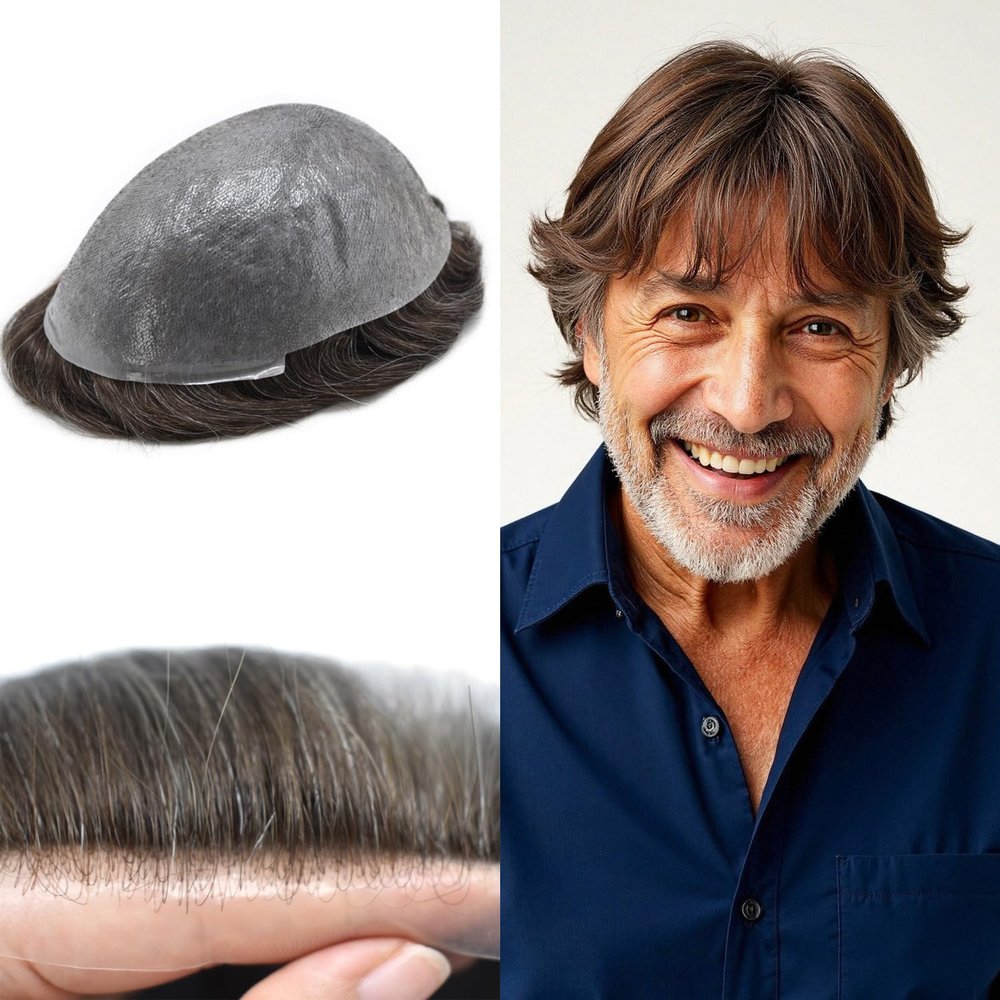 0.06mm Thin Skin Hairpieces for Men Toupee Hair Replacement Systems All V-loop Invisible Hairpiece for Mens Real Human Hair Systems #310#3 Dark Brown+10% Grey 8X10-100% Density