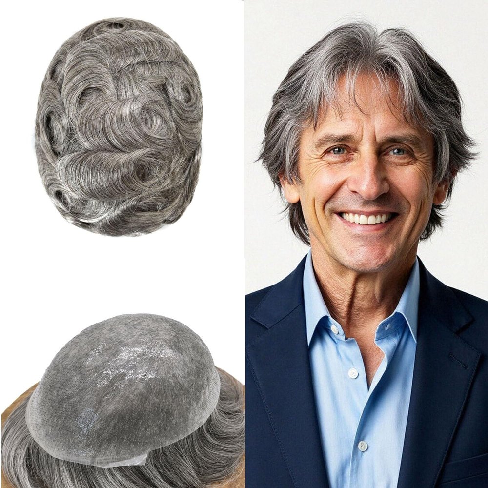 0.06mm Thin Skin Hairpieces for Men Toupee Hair Replacement Systems All V-loop Invisible Hairpiece for Mens Real Human Hair Systems #370#3 Dark Brown+70% UltraGrey 6X9-90% Density