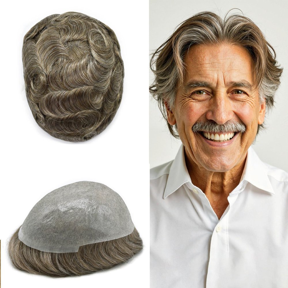 0.06mm Thin Skin Hairpieces for Men Toupee Hair Replacement Systems All V-loop Invisible Hairpiece for Mens Real Human Hair Systems #750#7 Very Light Brown+50% Grey 8X10-80% Density