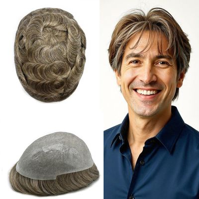 0.06mm Thin Skin Hairpieces for Men Toupee Hair Replacement Systems All V-loop Invisible Hairpiece for Mens Real Human Hair Systems #630#6 Light Brown+30% Grey 8X10-90% Density