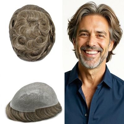 0.06mm Thin Skin Hairpieces for Men Toupee Hair Replacement Systems All V-loop Invisible Hairpiece for Mens Real Human Hair Systems #640#6 Light Brown+40% Grey 8X10-80% Density