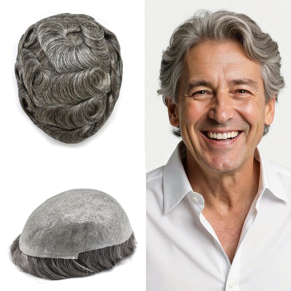 0.06mm Thin Skin Hairpieces for Men Toupee Hair Replacement Systems All V-loop Invisible Hairpiece for Mens Real Human Hair Systems #260#2 Darkest Brown+60% Grey 8X10-90% Density
