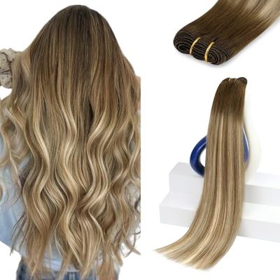 Sunny Hair Sew in Hair Extensions Real Human Hair 22inch Human Hair Extensions Sew in Dark Brown Roots to Light Brown Balayage Blonde Human Hair Weft Extensions Long Straight Hair 100g