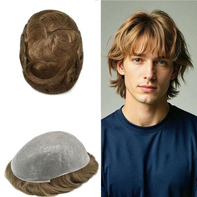 0.06mm Thin Skin Hairpieces for Men Toupee Hair Replacement Systems All V-loop Invisible Hairpiece for Mens Real Human Hair Systems #10R Dark Ash Blonde 8X10-100% Density