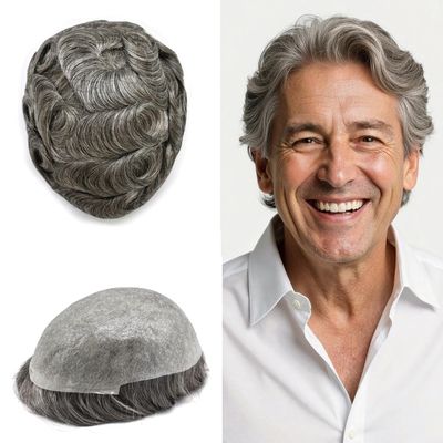 0.06mm Thin Skin Hairpieces for Men Toupee Hair Replacement Systems All V-loop Invisible Hairpiece for Mens Real Human Hair Systems #260#2 Darkest Brown+60% Grey 8X10-100% Density