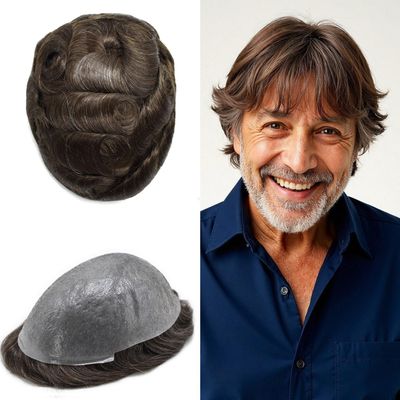 0.06mm Thin Skin Hairpieces for Men Toupee Hair Replacement Systems All V-loop Invisible Hairpiece for Mens Real Human Hair Systems #320#3 Dark Brown+20% Grey 8X10-100% Density