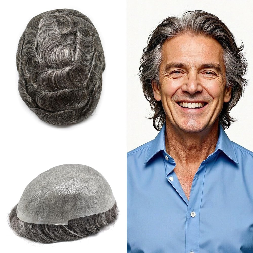 0.06mm Thin Skin Hairpieces for Men Toupee Hair Replacement Systems All V-loop Invisible Hairpiece for Mens Real Human Hair Systems #250#2 Darkest Brown+50% Grey 8X10-90% Density