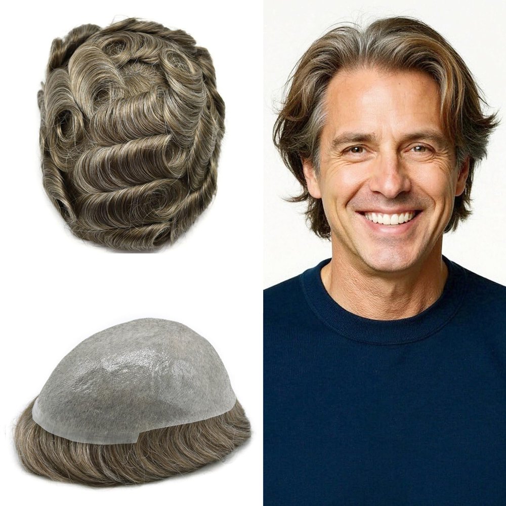 0.06mm Thin Skin Hairpieces for Men Toupee Hair Replacement Systems All V-loop Invisible Hairpiece for Mens Real Human Hair Systems #730#7 Very Light Brown+30% Grey 7X9-120% Density