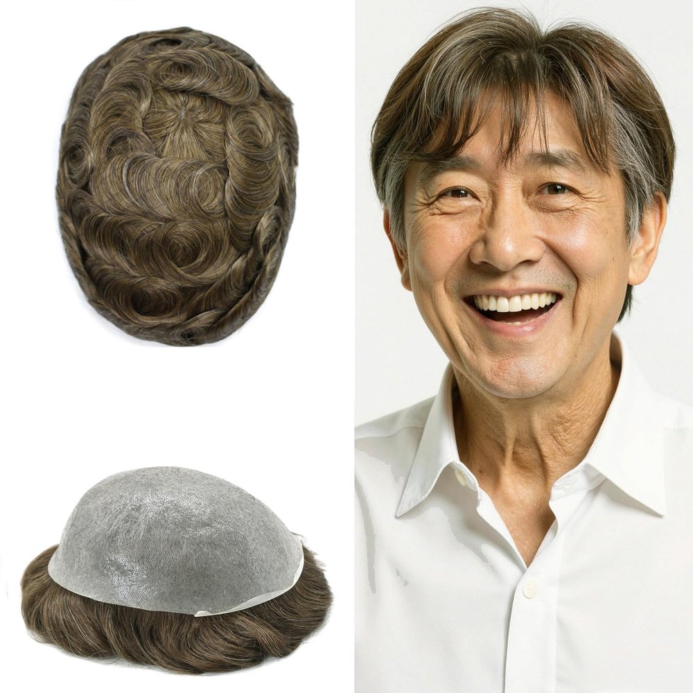 0.06mm Thin Skin Hairpieces for Men Toupee Hair Replacement Systems All V-loop Invisible Hairpiece for Mens Real Human Hair Systems #610#6 Light Brown+10% Grey 8X10-80% Density