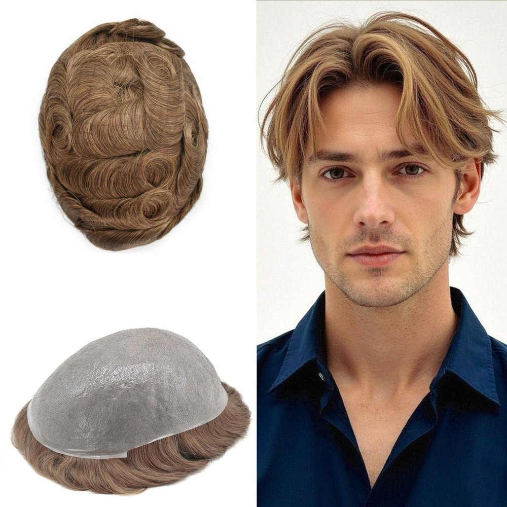 0.06mm Thin Skin Hairpieces for Men Toupee Hair Replacement Systems All V-loop Invisible Hairpiece for Mens Real Human Hair Systems #17R Brown/Blonde MiXWarm Tone 8X10-90% Density