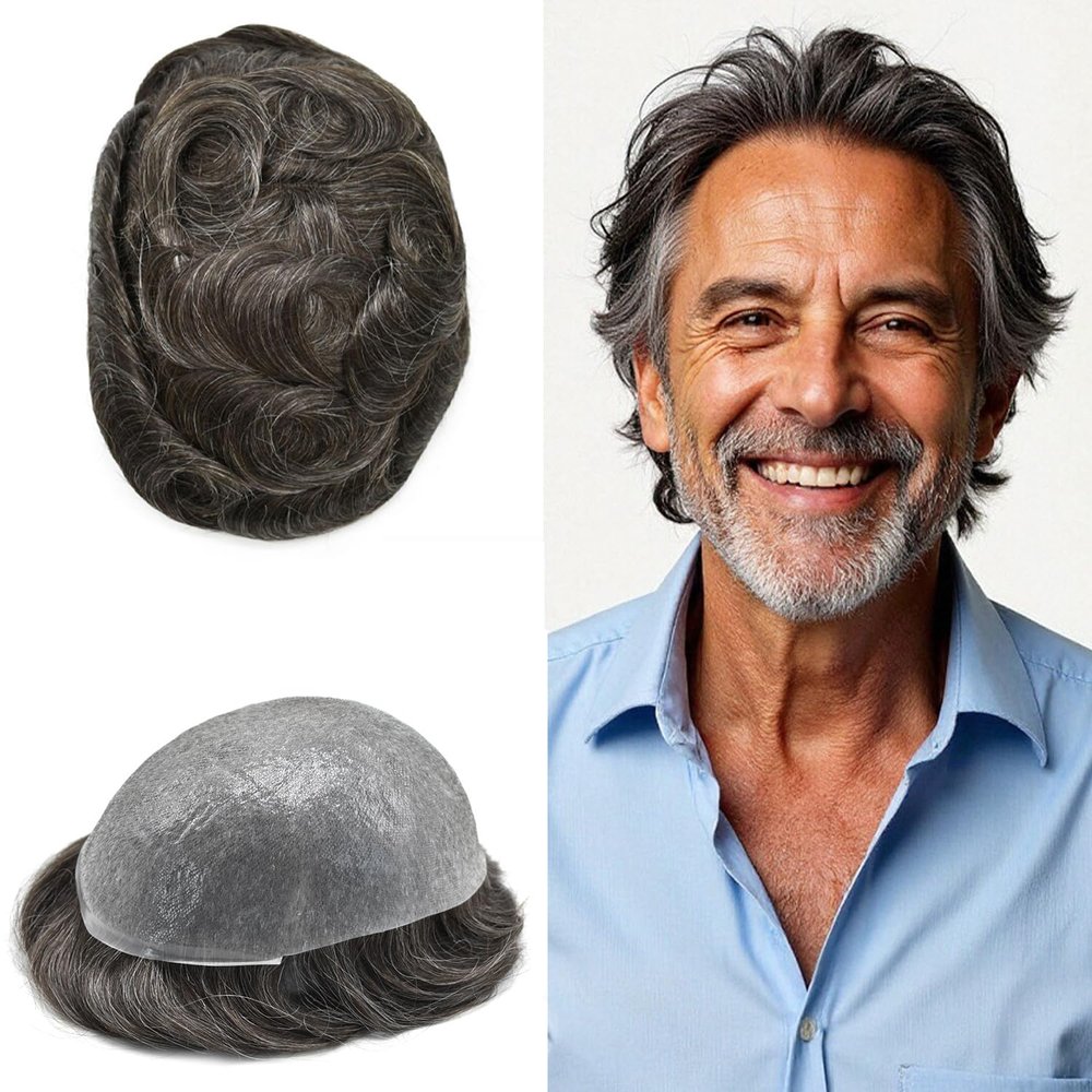 0.06mm Thin Skin Hairpieces for Men Toupee Hair Replacement Systems All V-loop Invisible Hairpiece for Mens Real Human Hair Systems #230#2 Darkest Brown+30% Grey 8X10-120% Density