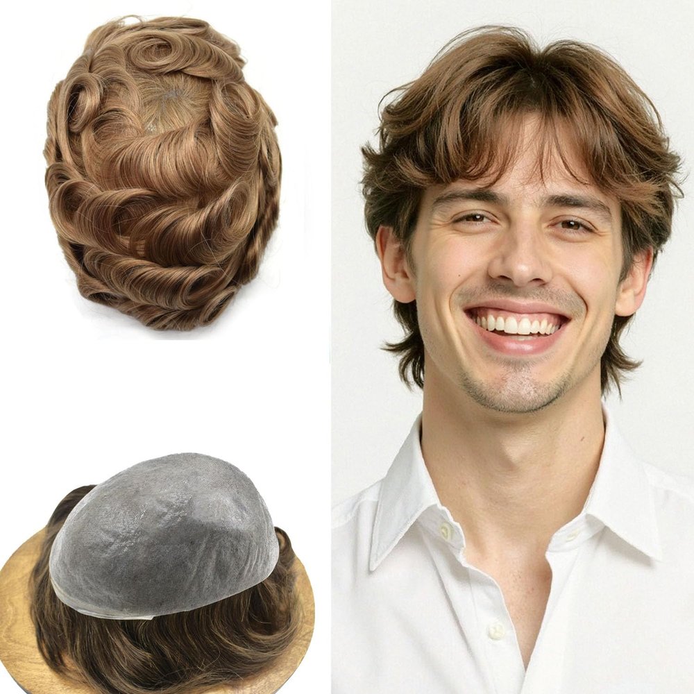 0.06mm Thin Skin Hairpieces for Men Toupee Hair Replacement Systems All V-loop Invisible Hairpiece for Mens Real Human Hair Systems #20R Light Warm Blonde 8X10-90% Light Density