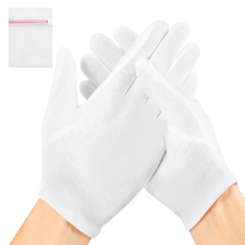 AIRSEE 2 Pairs White Cotton Gloves with Laundry Bag, Overnight Moisturizing SPA for Dry Hands and Eczema, Work Glove, Stretchy Fit for Men and Women, Regular S