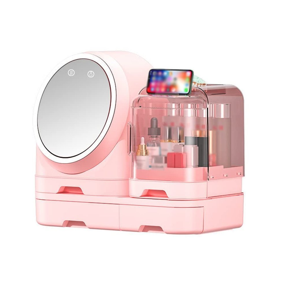 A1DFDFGOQSFG Makeup Bag Makeup Box Multifunctional LED Fan Makeup Storage Box with Mirror Desktop Dresser Large-Capacity Lipstick Skin Care Product Rack Makeup Organizer Travel Makeup Bag(B) (B)