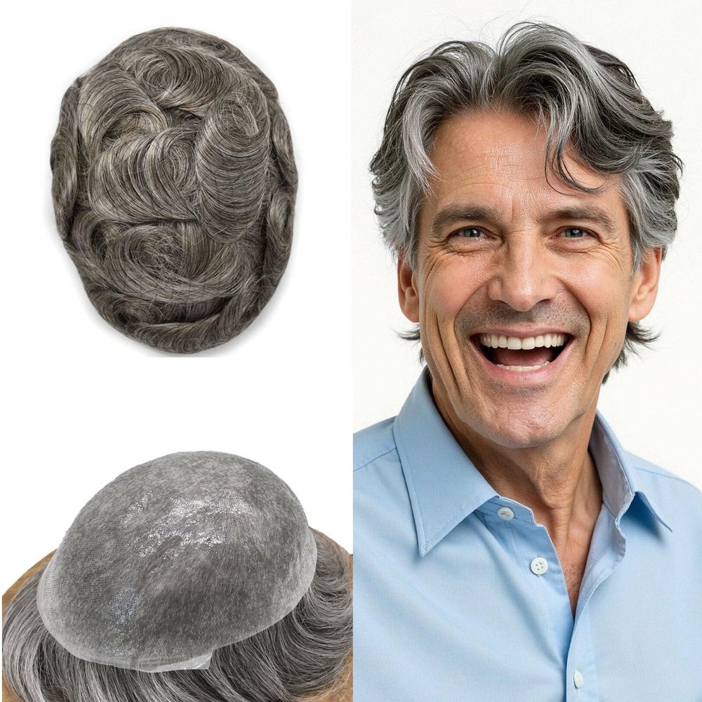 0.06mm Thin Skin Hairpieces for Men Toupee Hair Replacement Systems All V-loop Invisible Hairpiece for Mens Real Human Hair Systems #360#3 Dark Brown+60% Grey 8X10-90% Density