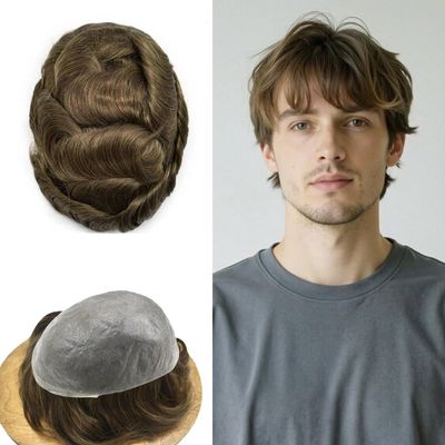 0.06mm Thin Skin Hairpieces for Men Toupee Hair Replacement Systems All V-loop Invisible Hairpiece for Mens Real Human Hair Systems #5 Medium Light Brown 8X10-90% Light Density