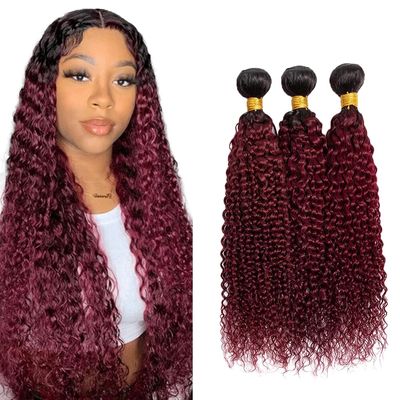 1B99J Bundle Burgundy Kinky Curly Human Hair Bundles Two Tone Black and Burgundy Bundles Human Hair 14 16 18 Inch Ombre Red Curly Water Bundle