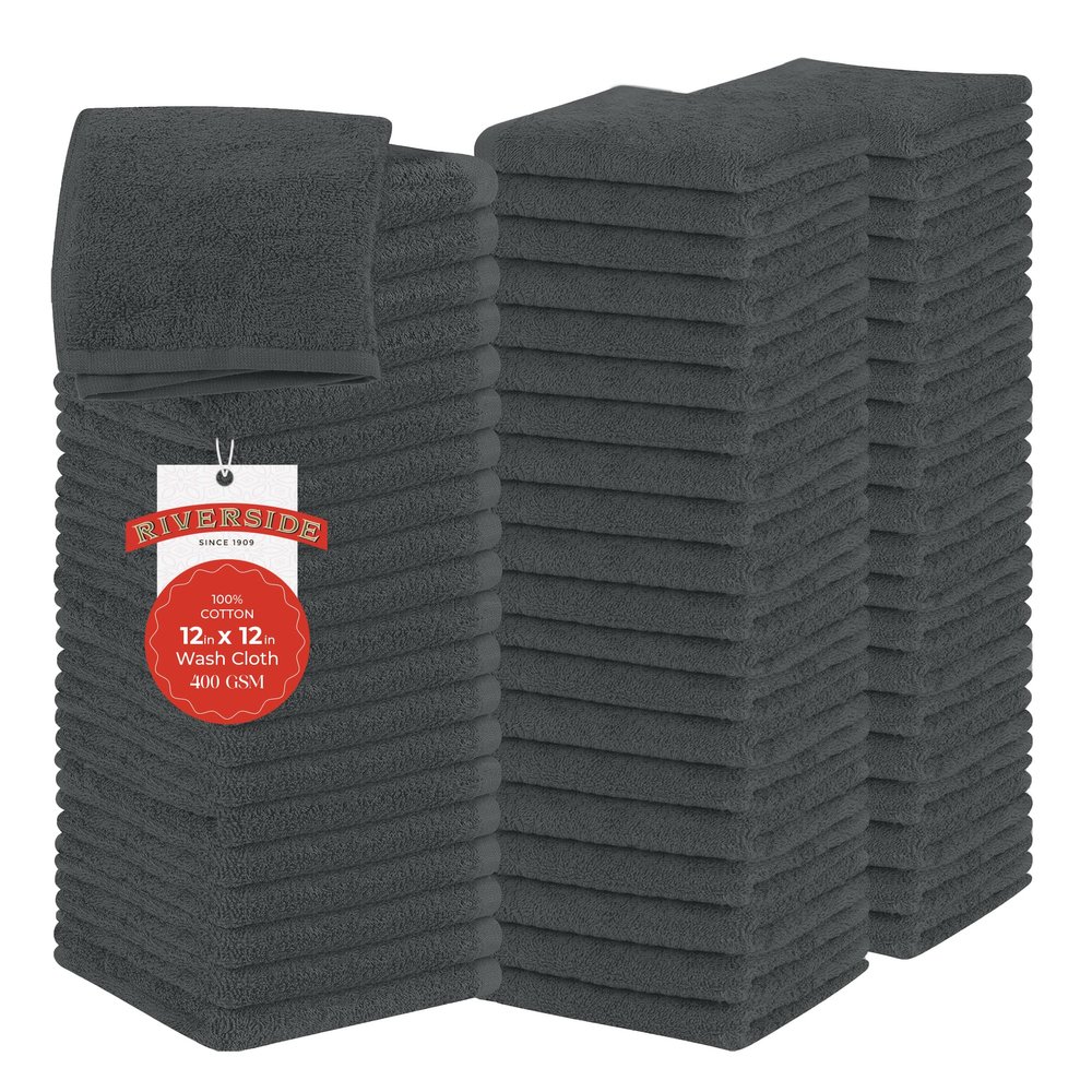 RIVERSIDE 60-Pack Cotton Washcloths Soft & Absorbent Face Towels, 12x12 Inches Multipurpose Wash Cloths for Bath, Gym, Spa & Kitchen