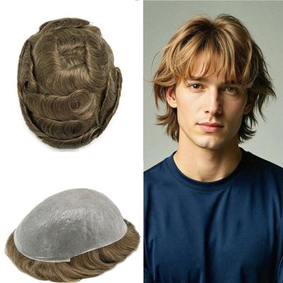 0.06mm Thin Skin Hairpieces for Men Toupee Hair Replacement Systems All V-loop Invisible Hairpiece for Mens Real Human Hair Systems #18 Medium Blonde 8X10-100% Density
