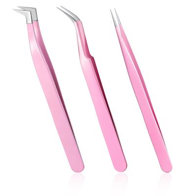 3 PCS Lash Tweezers for Eyelash Extensions, Precision Straight Curved Volume Eyelash Tweezers Tool, Lash Clusters Tweezer for Stickers Lashes Extension Nail Rhinestone Tools (Pink)