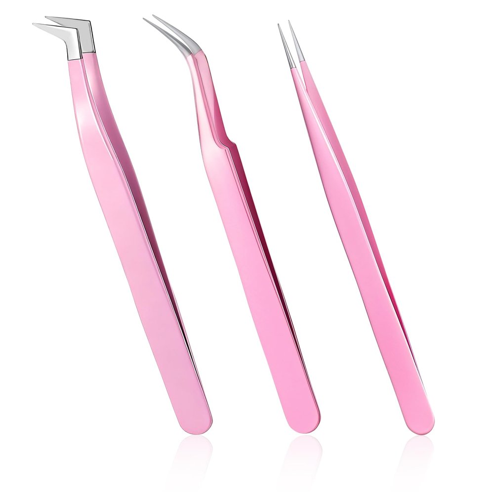 3 PCS Lash Tweezers for Eyelash Extensions, Precision Straight Curved Volume Eyelash Tweezers Tool, Lash Clusters Tweezer for Stickers Lashes Extension Nail Rhinestone Tools (Pink)