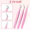 3 PCS Lash Tweezers for Eyelash Extensions, Precision Straight Curved Volume Eyelash Tweezers Tool, Lash Clusters Tweezer for Stickers Lashes Extension Nail Rhinestone Tools (Pink) view 3