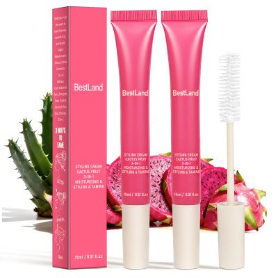 2 Pack Hair Cactus Fruit 3-in-1 Styling Cream & Taming Wand Smooth Flyaways, Control Frizz & Define Curls | Lightweight Non-Greasy Formula, Precision Brush, Vegan & Citrus Scent Hair Care