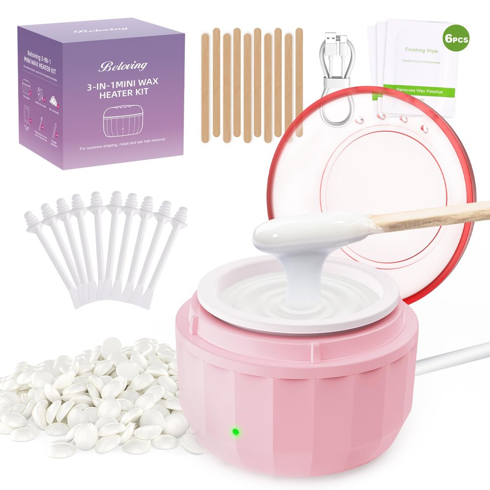 Nose Hair Wax Kit, Mini Waxing Kit for Women Men with 100g Beads, 10 Applicators, 10 Nose Hair Sticks, Protable Wax Warmer Machine for Hair Removal, Ear Eyebrow Waxing Kit for Home Travel Use - Pink