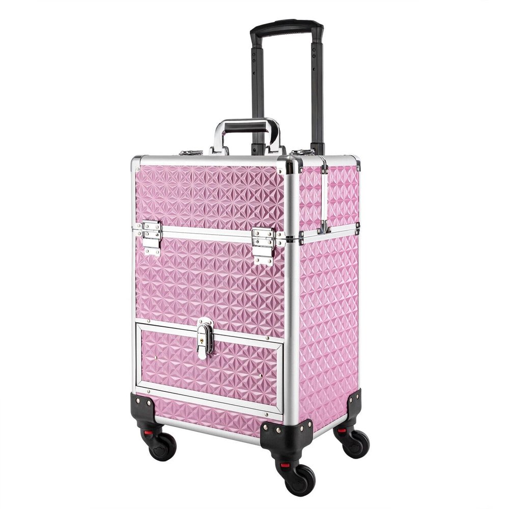 Mahugde Rolling Makeup Manicure Storage Case, Makeup Trolley Rolling w/4 Universal Wheels Professional Aluminum Cosmetic Trolley Cases w/lock for Studio or Travelling (Pink)
