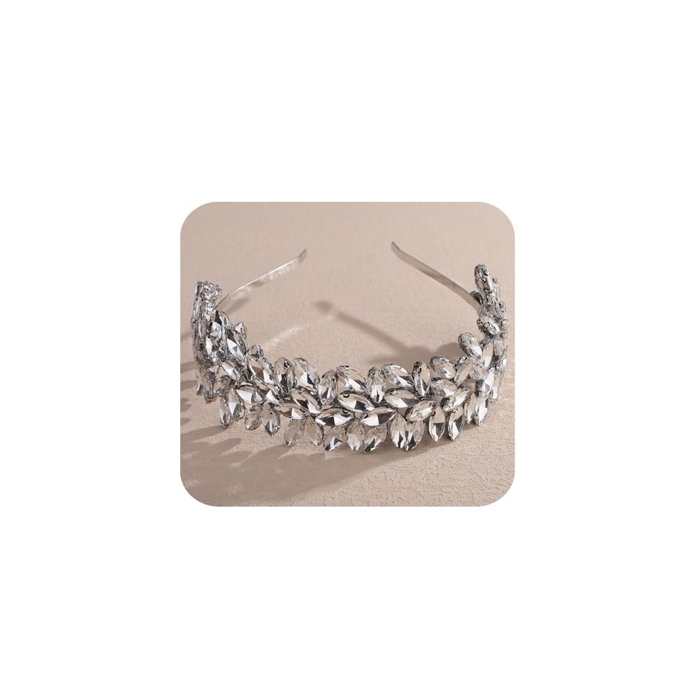 Lenjicons Bridal Rhinestone Hair Crown Teardrop Rhinestone Wedding Headband Luxury Crystal Hair Crown Handmade Crystal Rhinestones Hairband for Wedding Women (silver)