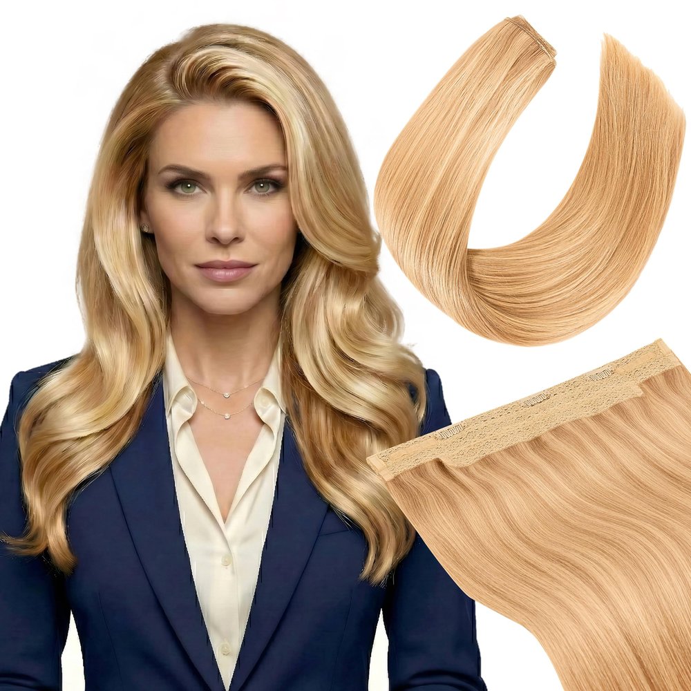 100 Gram Halo Hair Genuine Human Hair - Amoy Hair Halo Hair Extensions 16 Inch - Executive Beige Balayage Halo Extensions Premium Real Hair Extensions