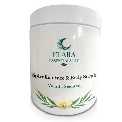 Elara Essentials LLC Spirulina Face & Body Scrub  Vanilla Scented Exfoliating Scrub with Natural Spirulina Maxima  Brightens, Smooths & Revives Dull, Aging, or Dry Skin  8oz