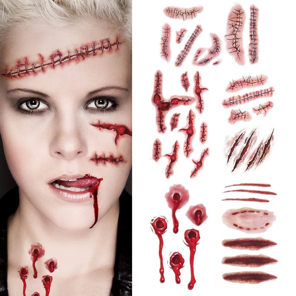 Halloween Tattoo Stickers - Horror Makeup Effects Temporary Tattoo Realistic Wound Scars Blood Drops Body Art Decals (Style52)