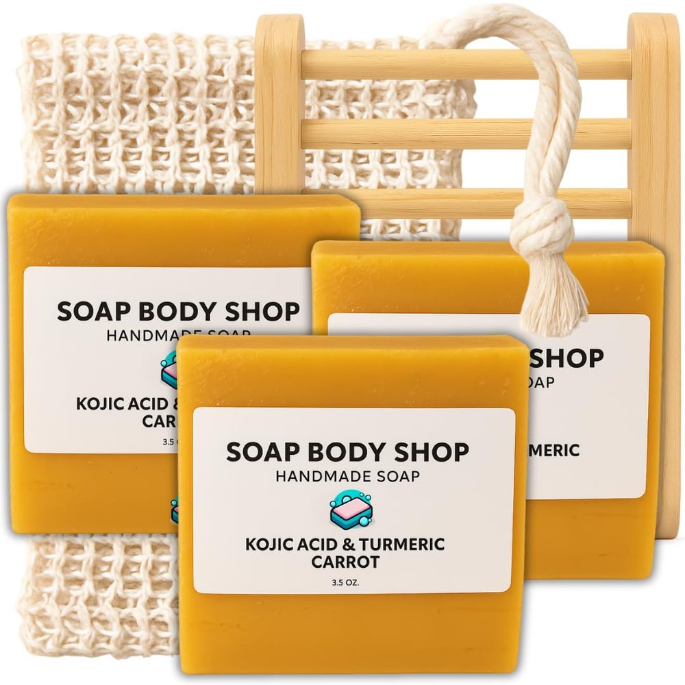 3-Pack Unscented Turmeric & Carrot Face & Body Soap Bars with Soap Saver & Tray  Handmade with Coconut Oil & Grapeseed Oil  Goat's Milk, Gentle Daily Cleanser for Soft, Smooth, 3.5 oz Each