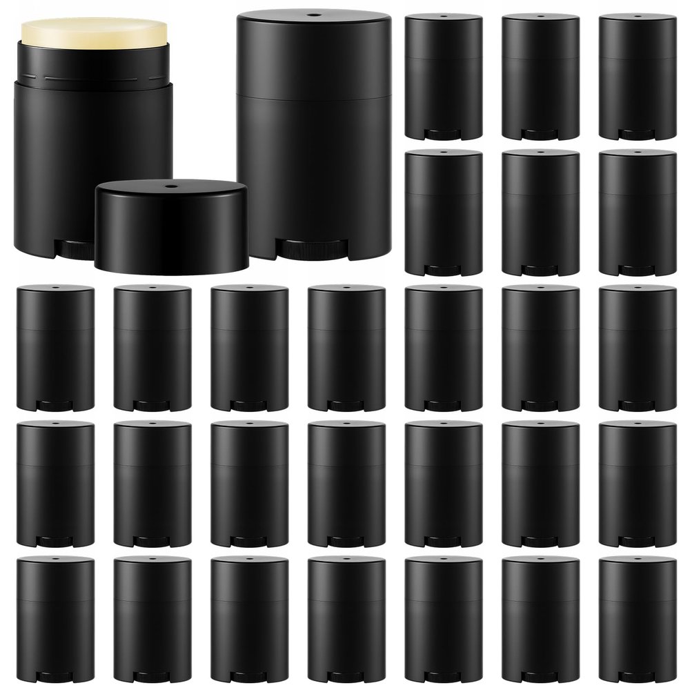 Teenyyou 30 Pack 30ml/1oz Empty Deodorant Containers, Bottom Filling, Black Plastic Oval Refillable Deodorant Containers Twist up Oval Lip Balm Tube for DIY Deodorants Lipstick Crayon Lotion