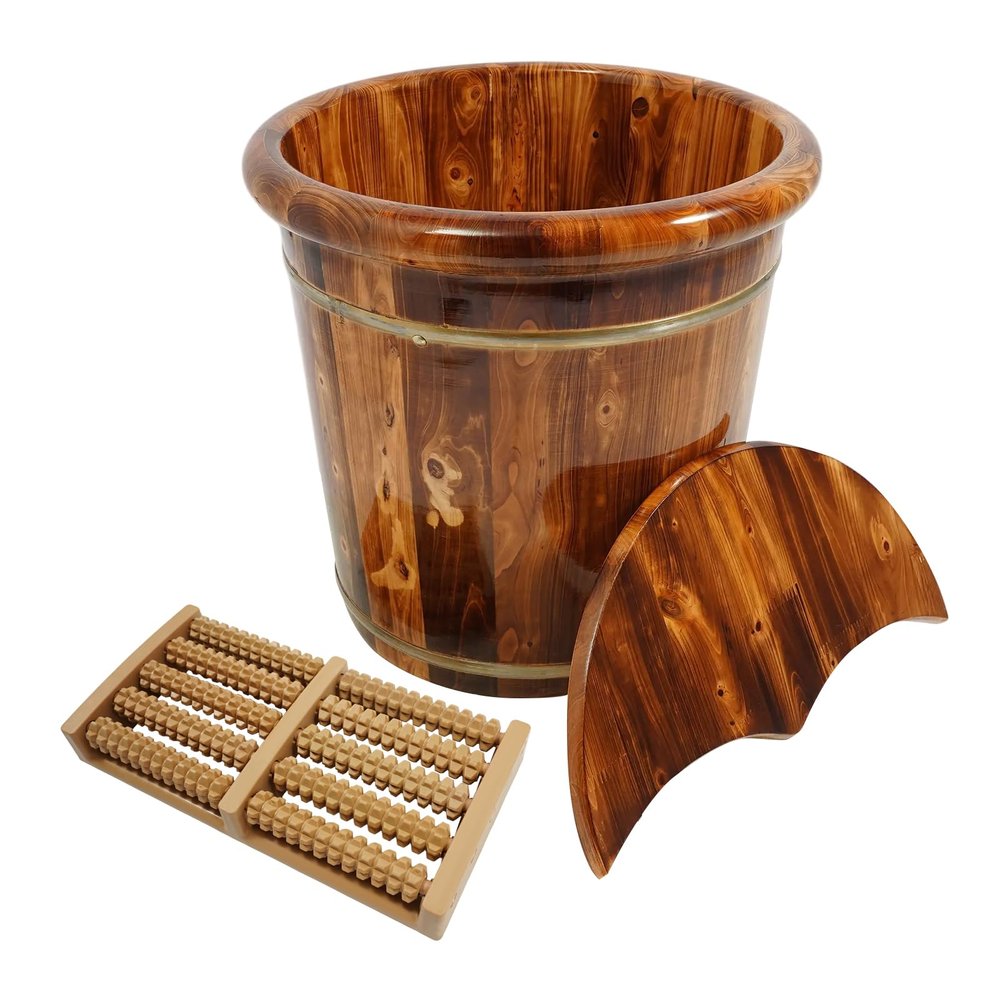 banborba Foot Soaking Tub, 16" Wooden Foot Bath Bucket, Footbath Barrel, Pedicure Bowl with Massage Roller & Lid, Foot Bath Basin for Soaking Feet, Brown