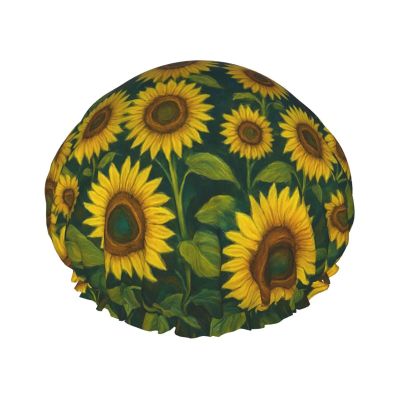 Sunflower Field Moonlit Night Double Layer Waterproof Shower Cap Reusable Bonnet Elastic Band Hat
