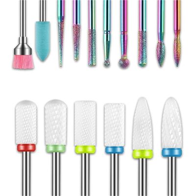 16Pc Rainbow Sand & Ceramic Nail Drill Kit: Surface Grinding, Polish Removal w/ Multi-Function Cleaning Brush Tool - Nail Accessories